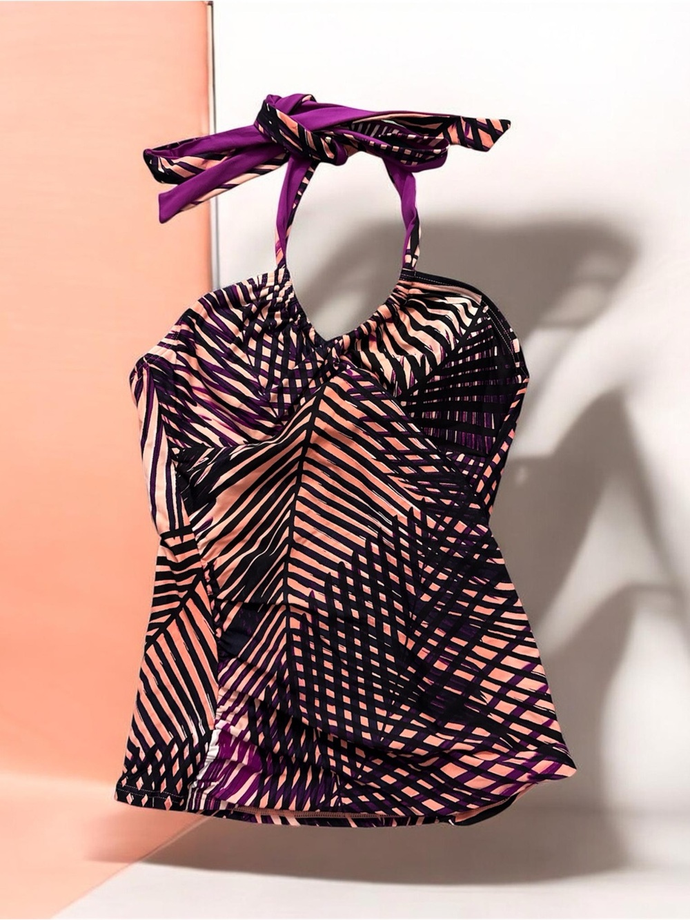 Calvin Klein Purple & Peach Printed Halter Tankini Top